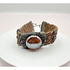 Vintage 90s Beaded Leather Bracelet Glass Dome Women's Classic Fashion Jewelry